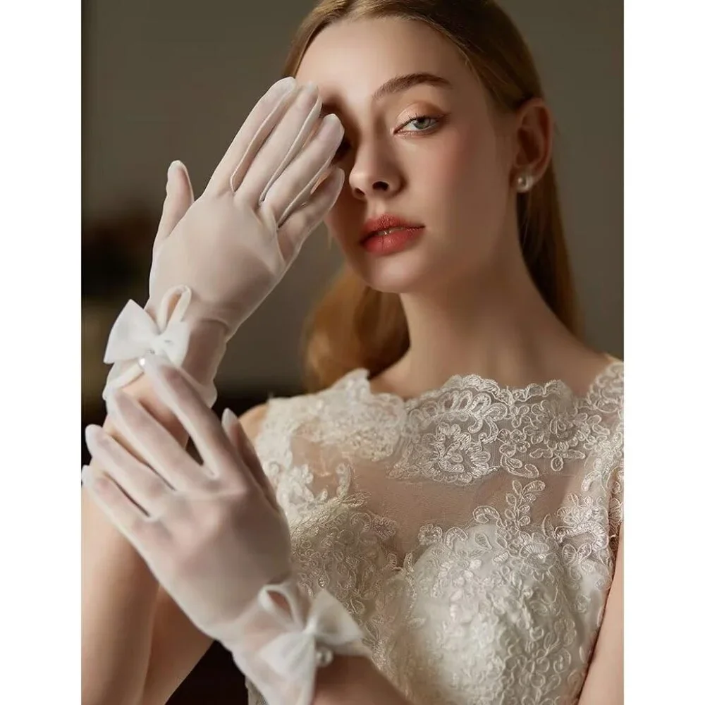 Women's Navy Blue Bow Tulle Pearls Mesh Tea Short Gloves Party Prom Accessories